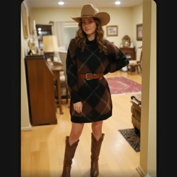 From Paris Argyle Brown Black Sweater Dress - Picture 2 of 2